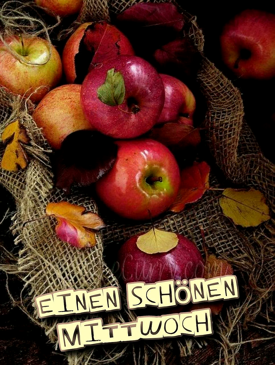 Ein Korb aus Jute gefüllt mit roten und gelben Äpfeln, umgeben von Herbstlaub, auf dunklem Hintergrund