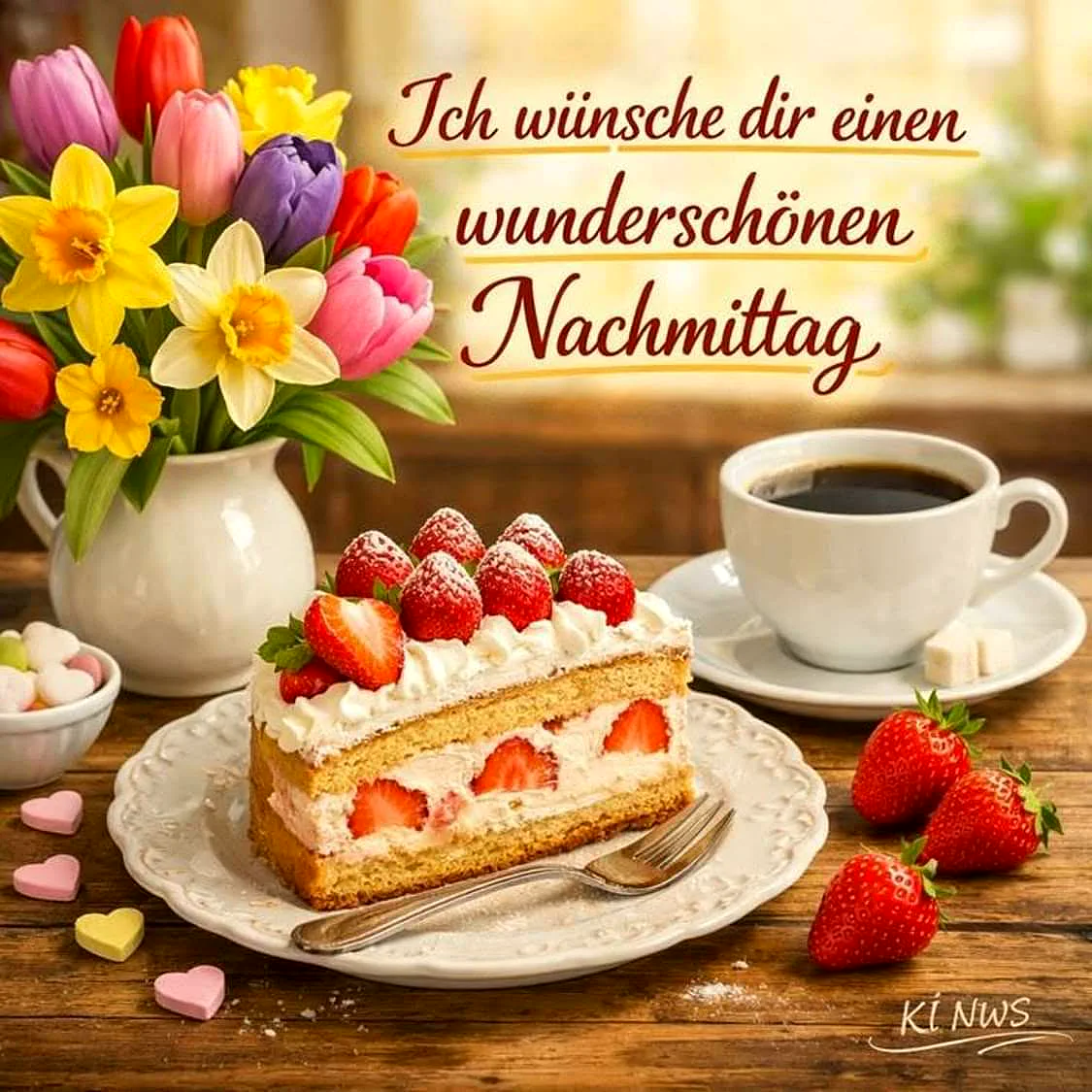 Ein Stück Kuchen mit Erdbeeren und Sahne auf einem weißen Teller, daneben eine Tasse Kaffee, ein Blumenstrauß in einer weißen Vase und einige frische Erdbeeren auf einem Holztisch