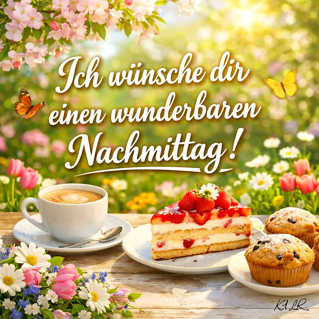 Ein gemütlicher Holztisch mit einer Tasse Kaffee, einem Stück Erdbeerkuchen und zwei Muffins, umgeben von Blumen und Schmetterlingen in einem sonnigen Garten.