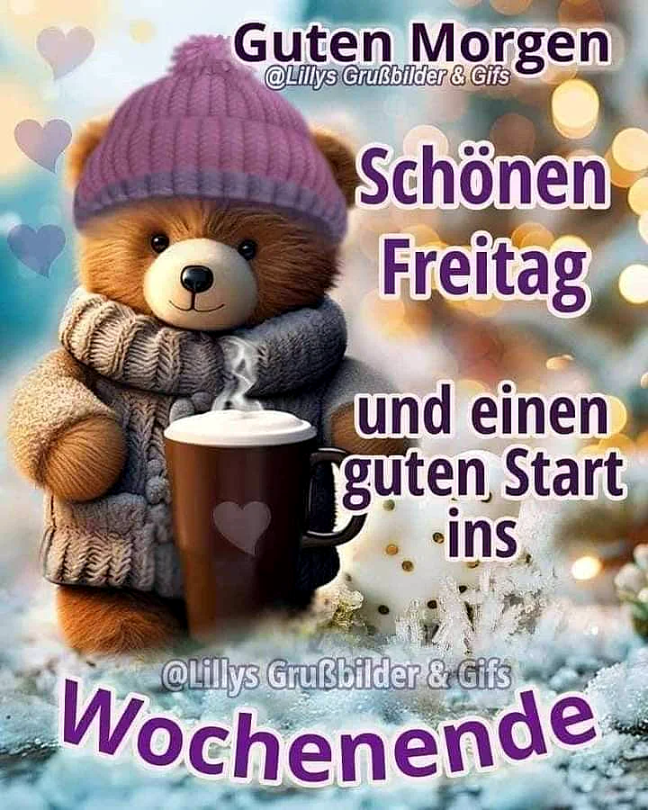 Ein kuscheliger Teddybär in lila Mütze und Strickschal hält eine dampfende Tasse Kakao. Warme, goldene Lichter und sanfte Schneeflocken bilden einen winterlichen Hintergrund, der die freudige Freitagsstimmung perfekt einfängt.