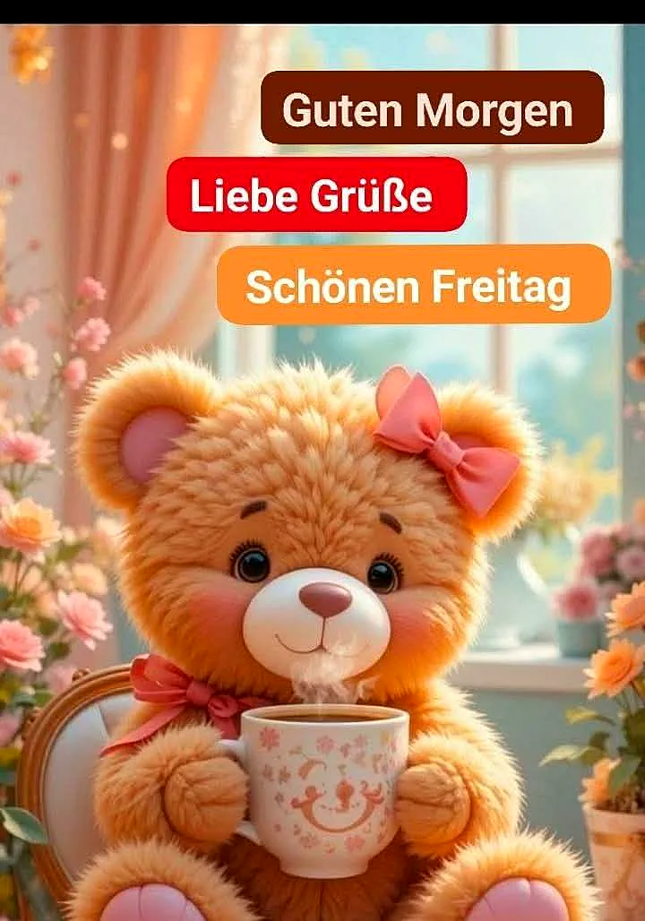 Ein flauschiger, orangefarbener Teddybär mit rosa Schleife hält eine dampfende Tasse. Er sitzt gemütlich am Fenster, umgeben von zarten Blüten, und überbringt morgendliche Freitagswünsche mit Freude.