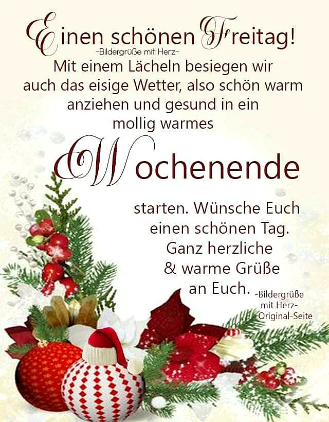 Ein winterliches Arrangement mit Tannengrün, roten Beeren und festlichen Weihnachtskugeln, darunter eine mit Zipfelmütze. Der helle Glitzerhintergrund verbreitet eine warme und gemütliche Stimmung zum Wochenendstart.