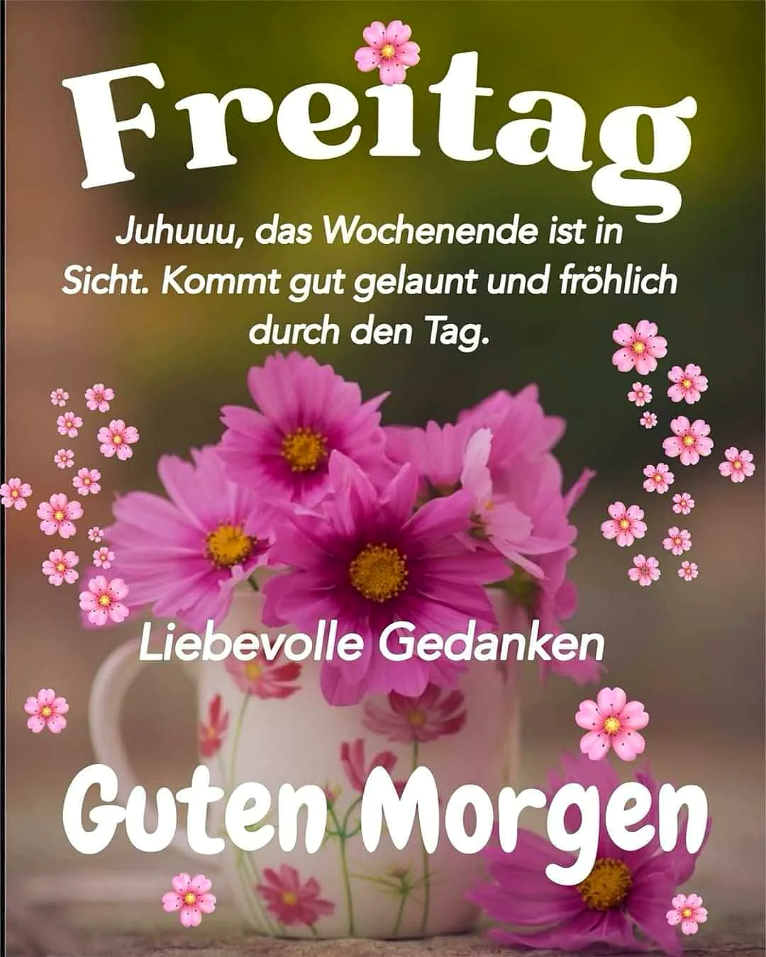Ein Blumenstrauß in einer weißen Vase mit pinken Blumen, umgeben von kleinen pinken Blüten, auf einem rustikalen Hintergrund.