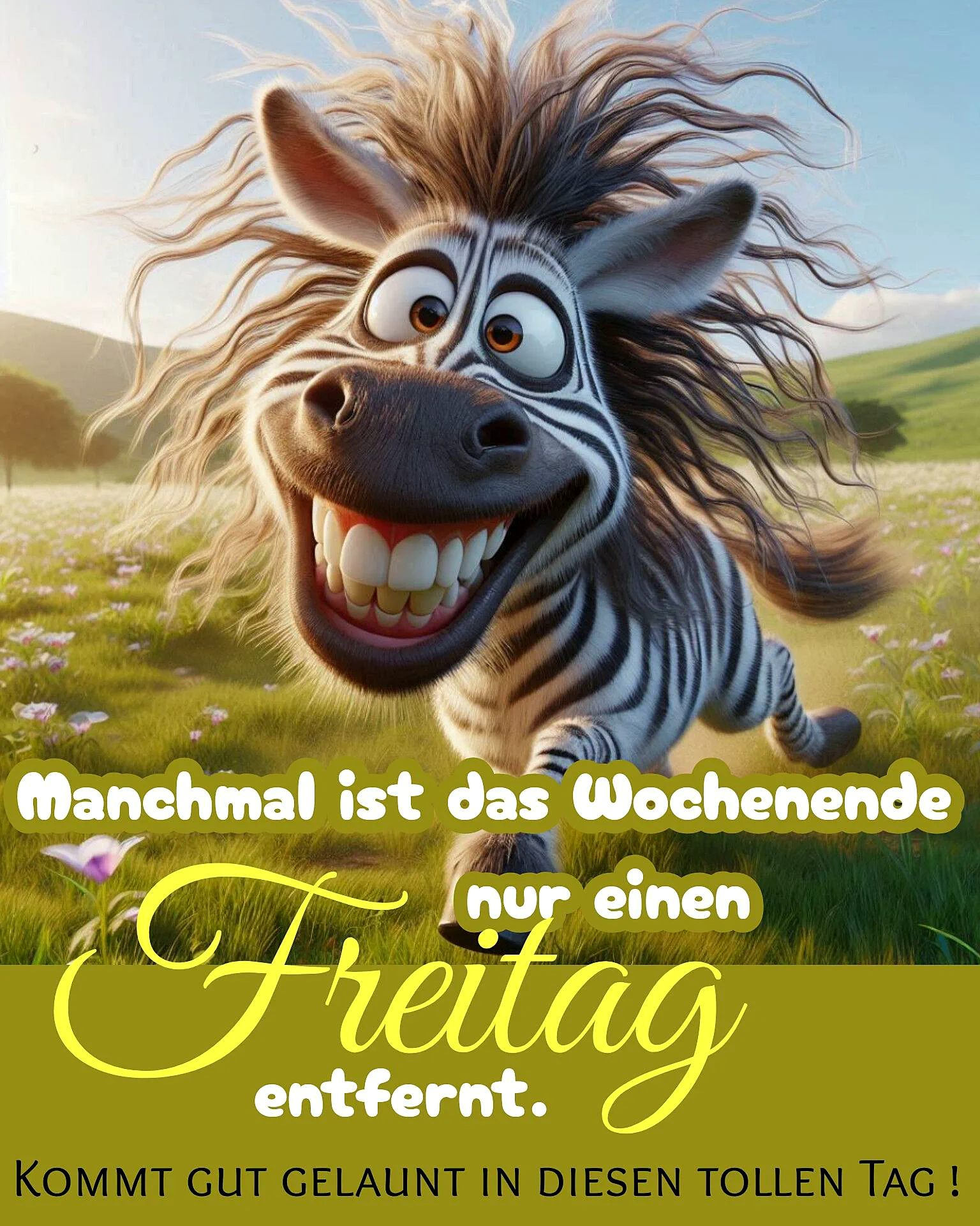 Ein überglückliches Zebra mit windzerzaustem Fell läuft durch eine blühende Wiese unter blauem Himmel, strahlend und fröhlich.