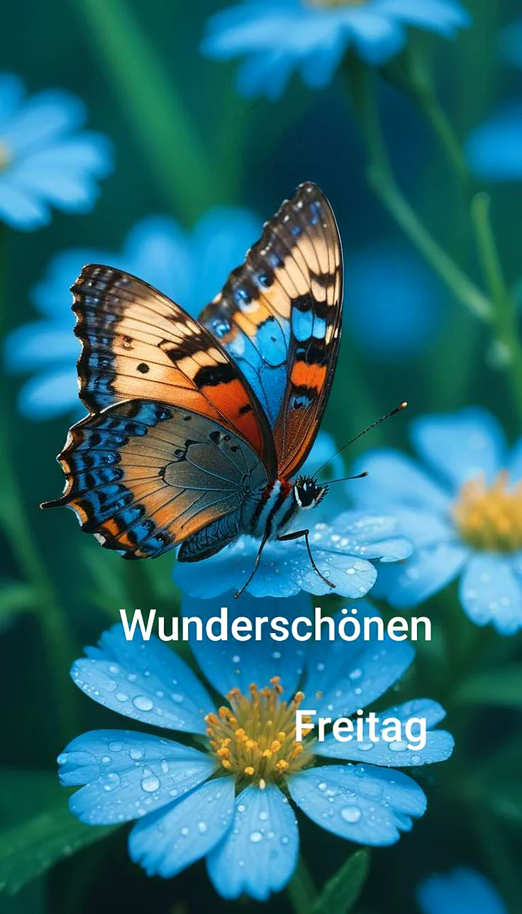 Ein bunter Schmetterling sitzt auf einer blauen Blume mit Wassertropfen, im Hintergrund weitere blaue Blumen, ein sonniger Tag