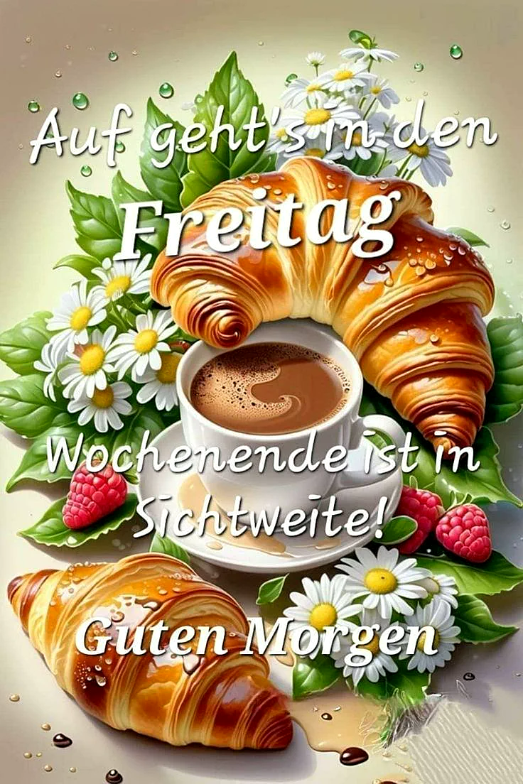 Ein illustratives Bild mit zwei goldenen Croissants, einer Tasse Kaffee, weißen Blumen, grünen Blättern, Himbeeren und Kaffee-Tropfen. Die Szene ist warm und einladend.