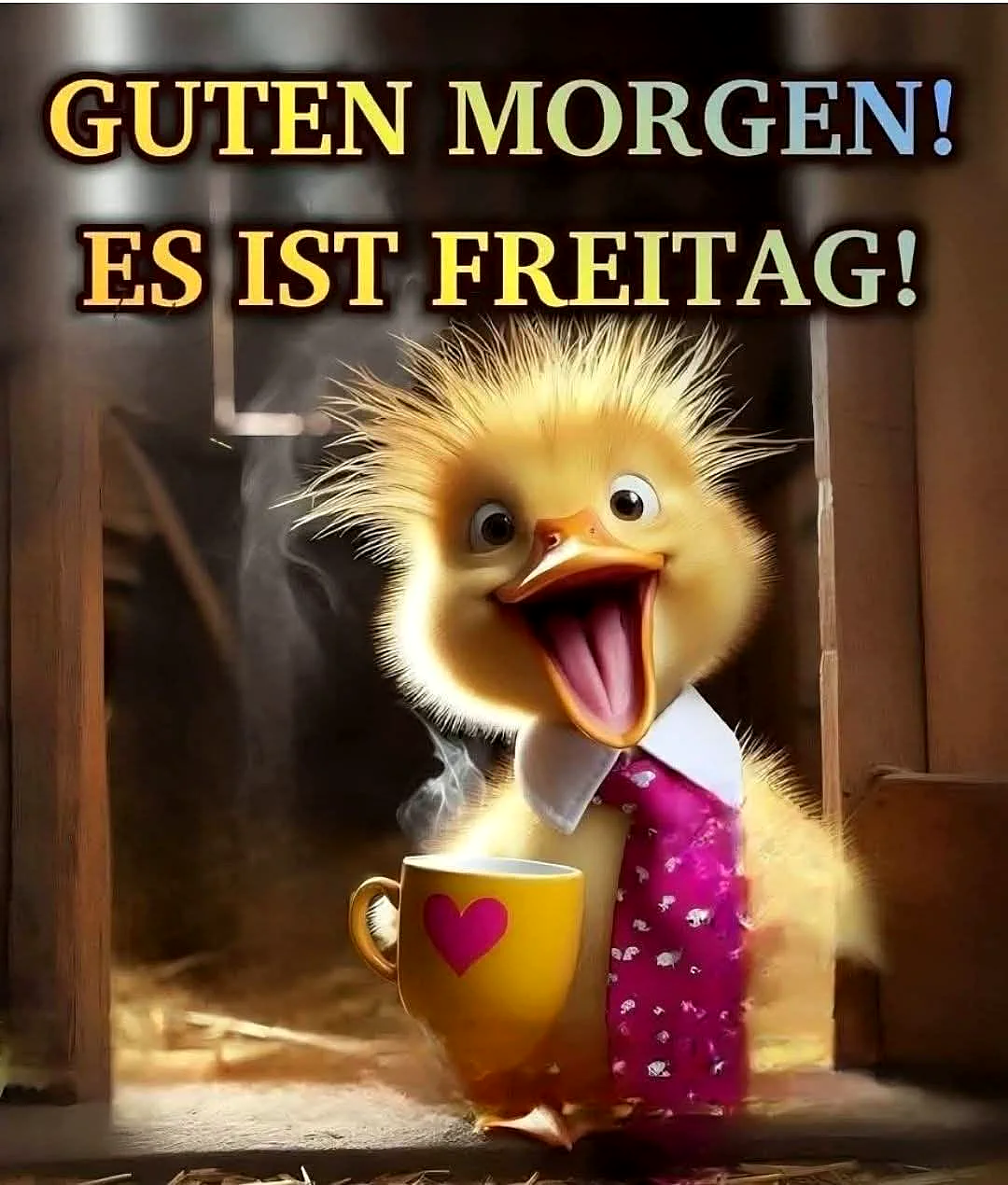 Ein niedliches Küken in einem rosa Hemd hält eine gelbe Tasse mit einem rosa Herz, während es in einer rustikalen Umgebung mit einem sonnigen Lichtstrahl begrüßt wird.