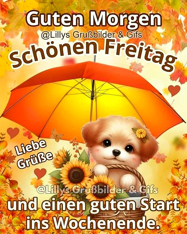 Ein entzückender Welpe in einem Korb voller Sonnenblumen unter einem bunten Herbstschirm. Die Szene strahlt pure Vorfreude auf das Wochenende und herbstliche Gemütlichkeit aus, um Freunde zu grüßen.