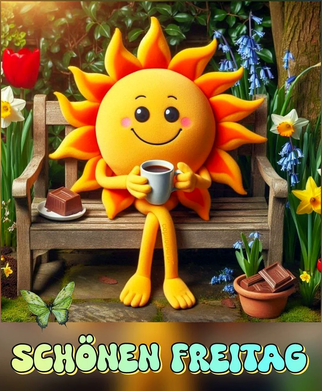 Ein sonniges Cartoon-Symbol sitzt auf einer Holzbank, hält eine Tasse Kaffee und lächelt. Blumen und Schokolade liegen herum.
