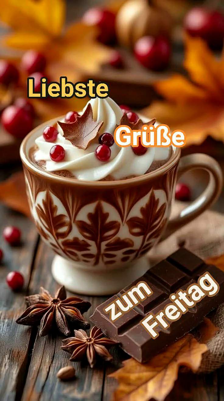 Ein herzhaftes Getränk mit Schokoladen-Muster, Schokoladenstückchen, Sternanis und roten Beeren auf einem rustikalen Holztisch, umgeben von Herbstlaub.