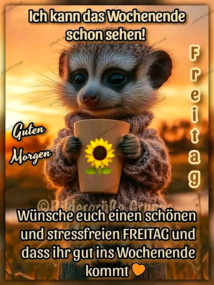 Ein niedliches Meerschweinchen in einer Strickjacke hält eine Tasse mit einer Sonnenblume vor einem sonnigen Hintergrund