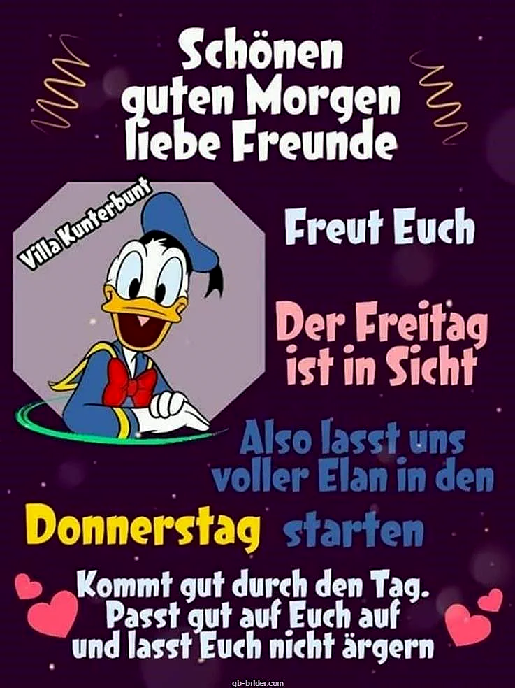 Ein Donald Duck Cartoon, der auf einem grünen Kreis sitzt, mit einem großen Lächeln im Gesicht. Im Hintergrund ein dunkelvioletter Himmel mit Sternen und einem grauen Achteck. Der Text 'Villa Kunterbunt' ist oben links im Bild zu sehen.