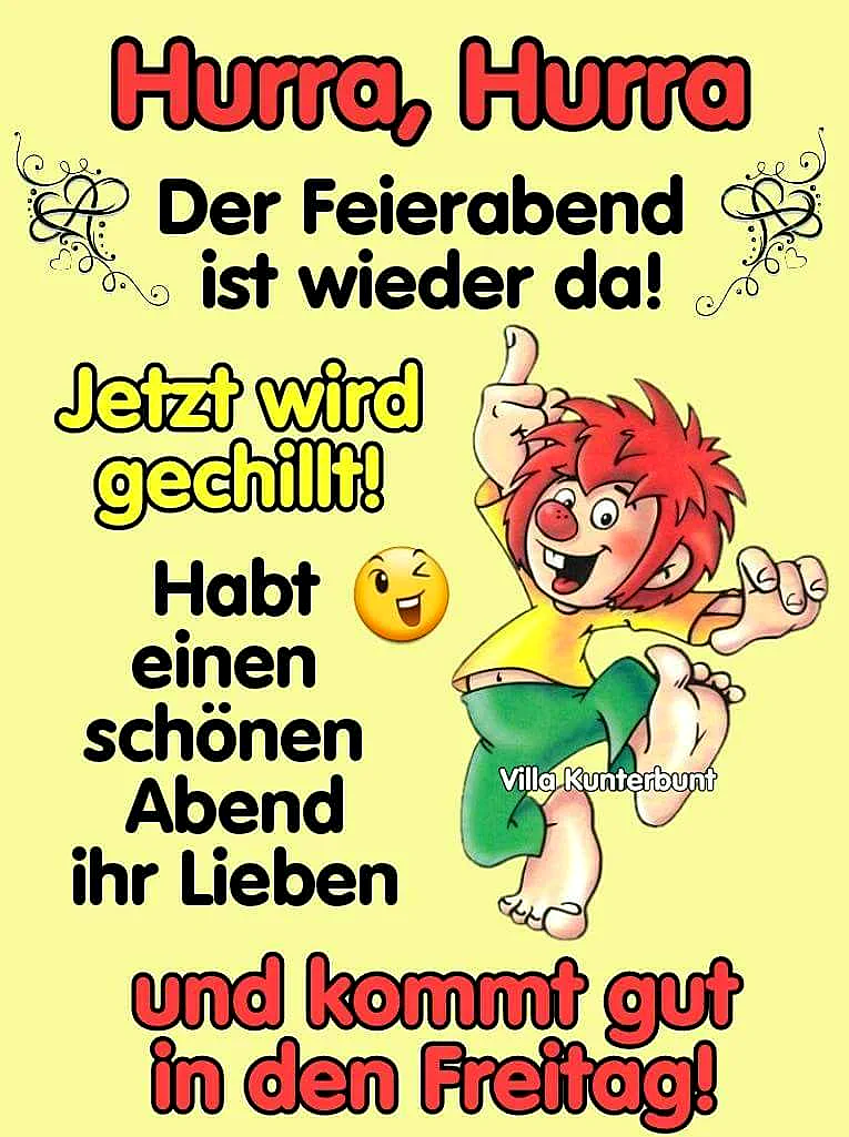Ein lustiger Cartoon-Junge mit roten Haaren und roter Nase jubelt ausgelassen vor einem sonnigen gelben Hintergrund. Er tanzt fröhlich und symbolisiert die Erleichterung und Freude über den Feierabend am Freitag.