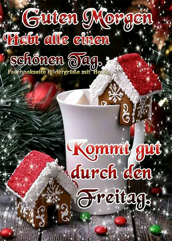Winterliches Morgenbild mit zwei detailreichen Lebkuchenhäuschen, eines am Rand einer weißen Tasse mit Marshmallows. Glitzernde Lichtpunkte und Tannenzweige umrahmen die Szene, verbreiten eine festliche, freudige Stimmung zum Start ins Wochenende.