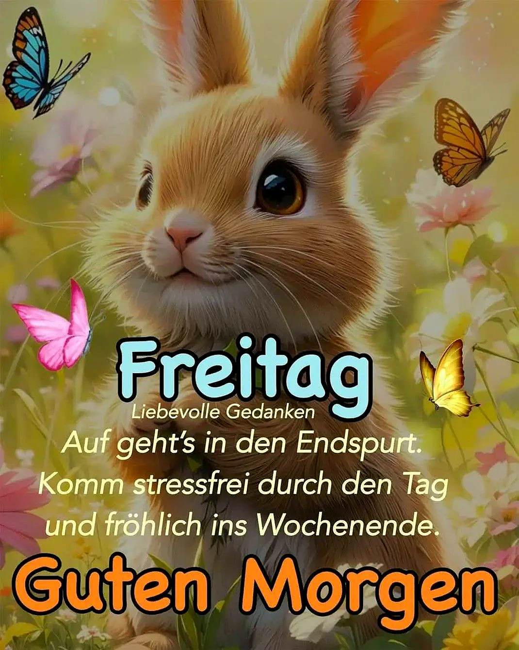 Ein niedliches, orangefarbenes Kaninchen mit großen, braunen Augen blickt in eine Blumenwiese mit Schmetterlingen.