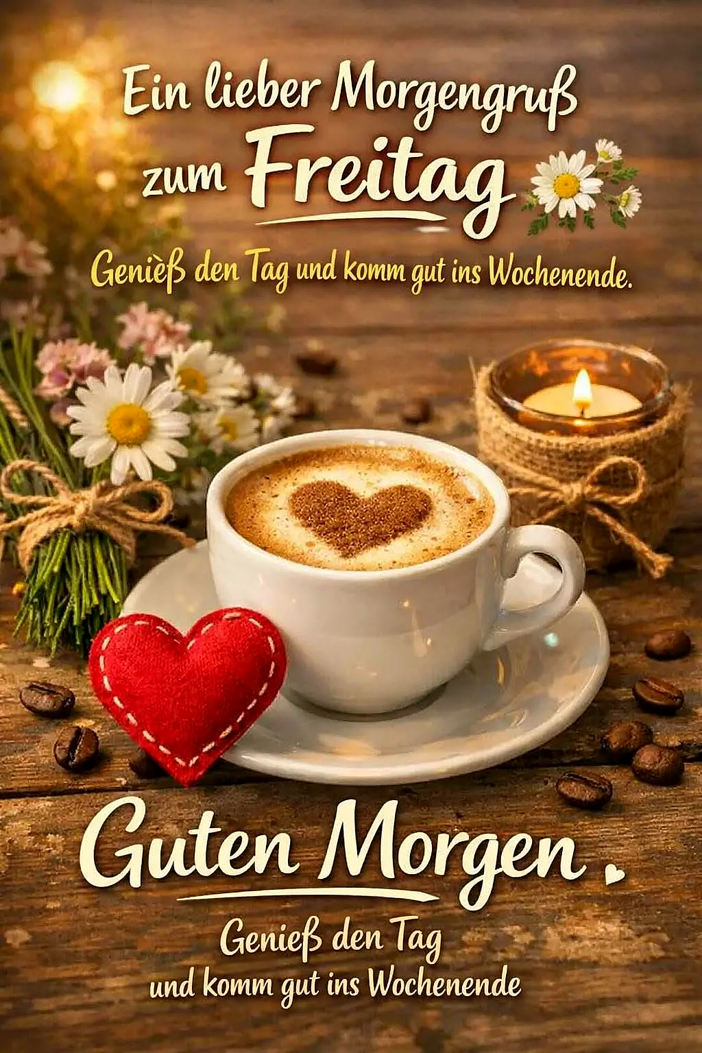 Ein romantischer Morgengruß zum Freitag mit einer Tasse Kaffee, einem roten Herz und Blumen auf einem rustikalen Holztisch.