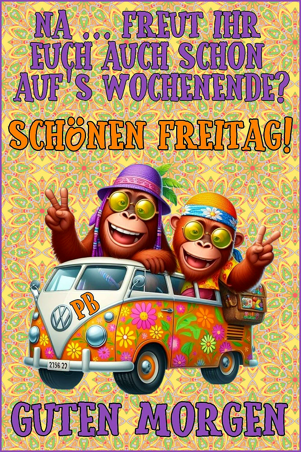 Ein farbenfrohes Bild mit zwei freudigen Affen in einem VW-Bus mit Blumenmuster vor einem psychedelischen Hintergrund. Die Affen tragen Hüte und Sonnenbrillen.