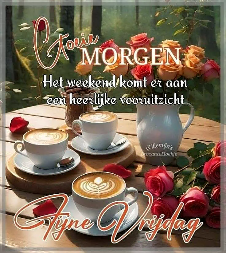 Ein Tisch mit drei Kissen von Kaffee, umgeben von Rosen und einer Vase mit Rosen im Hintergrund. Der Tisch ist aus Holz und hat eine rustikale Atmosphäre. Im Hintergrund sieht man einen Wald.
