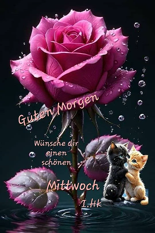 Leuchtend pinke Rose, bedeckt mit glitzernden Tautropfen, im Wasser stehend. Zwei niedliche Kätzchen, ein schwarzes und ein beiges, kuscheln liebevoll am Stiel. Eine frische, zarte und ermutigende Szene, ideal für einen Wochenmitte-Gruß.