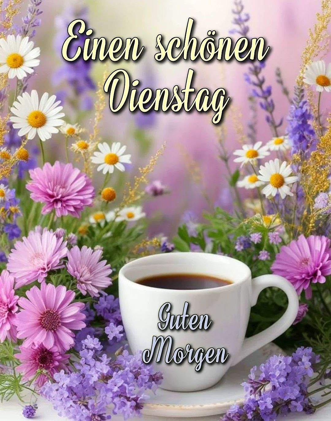 Eine weiße Kaffeetasse mit schwarzem Kaffee, umgeben von einem üppigen Blumenmeer aus lila Astern, weißen Gänseblümchen und Lavendel. Oben steht "Einen schönen Dienstag", unten auf der Tasse "Guten Morgen" – eine freundliche Begrüßung für einen fokussierten Start in den Tag.