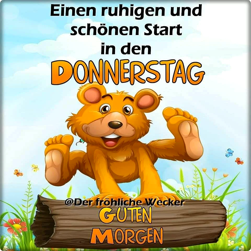 Ein lächelnder Cartoon-Teddybär winkt fröhlich von einem Holzstamm auf einer bunten Frühlingswiese unter blauem Himmel, um einen guten Morgen am Donnerstag zu wünschen und auf das Wochenende einzustimmen.