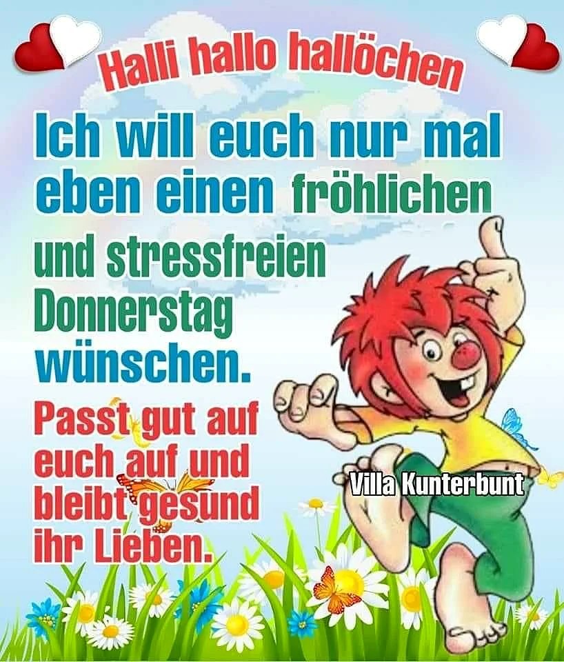 Ein Cartoonjunge mit roten Haaren und gelber Kleidung steht in einer blauen Wiese mit Blumen, Schmetterlingen und Wolken im Hintergrund. Der Junge hat einen Daumen hoch und ein breites Lächeln im Gesicht.