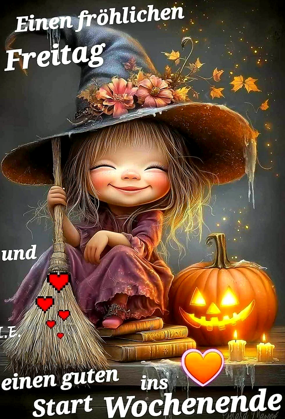 Eine Cartoon-Hexe mit Hut und Besen sitzt neben einem leuchtenden Kürbis, Büchern und Kerzen. Sie trägt ein lila Kleid und hat Blumen im Hut. Der Hintergrund ist dunkel mit Herbstblättern.