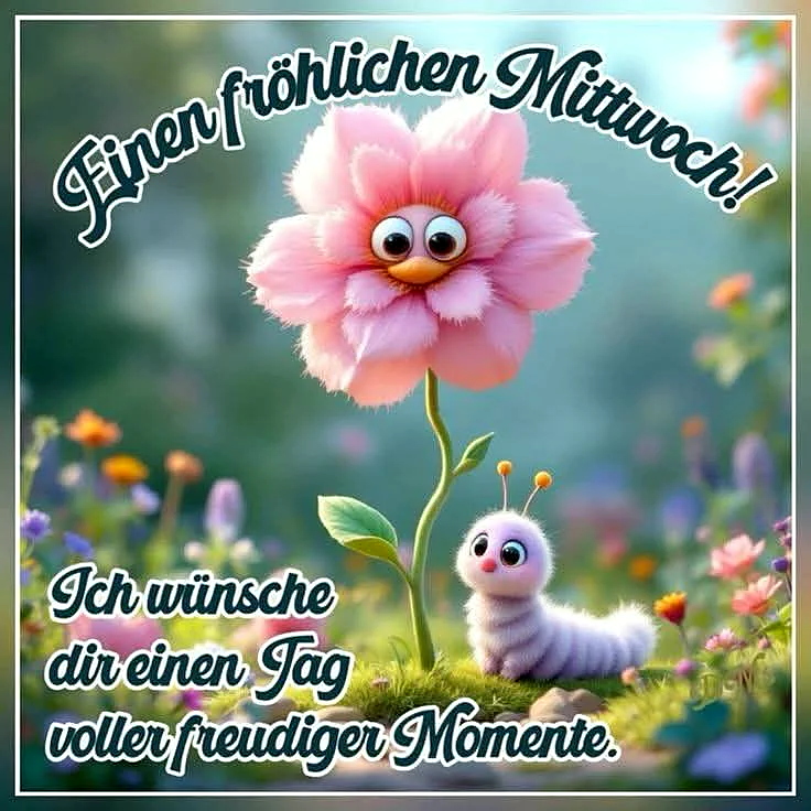 Ein Cartoon-Blume mit großen Augen und ein weißer Wurm im Gras, umgeben von farbenfrohen Blumen.