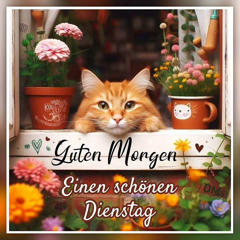 Eine flauschige orange-rote Katze mit grünen Augen lugt über eine weiße Fensterbank, umgeben von rosafarbenen und bunten Topfblumen. Die Szene strahlt eine ruhige Wärme und sanfte Produktivität für den Dienstag aus, wie ein herzlicher Morgengruß.