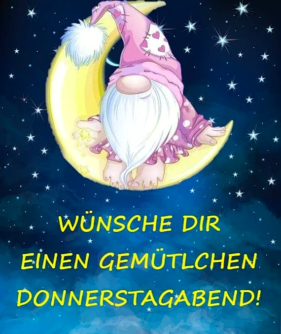 Ein Cartoon-Gnom sitzt auf einem gelben Mond vor einem sternenklaren Nachthimmel, trägt eine rosa Mütze und ein rosa Gewand. Er hält einen Stern in der Hand.