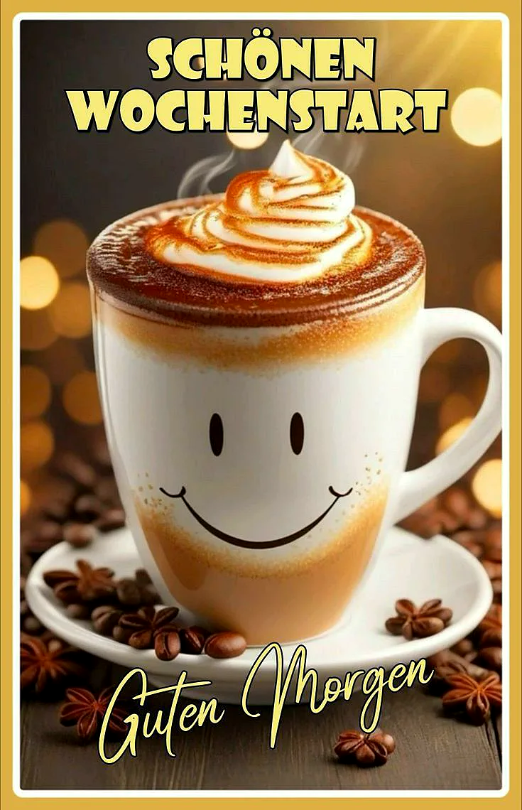 Einladende Tasse Kaffee mit cremiger Latte Art und aufgemaltem Smiley, umgeben von Kaffeebohnen und Sternanis auf dunklem Holz. Warme Lichter schaffen eine gemütliche Morgenstimmung für einen friedlichen Wochenbeginn.