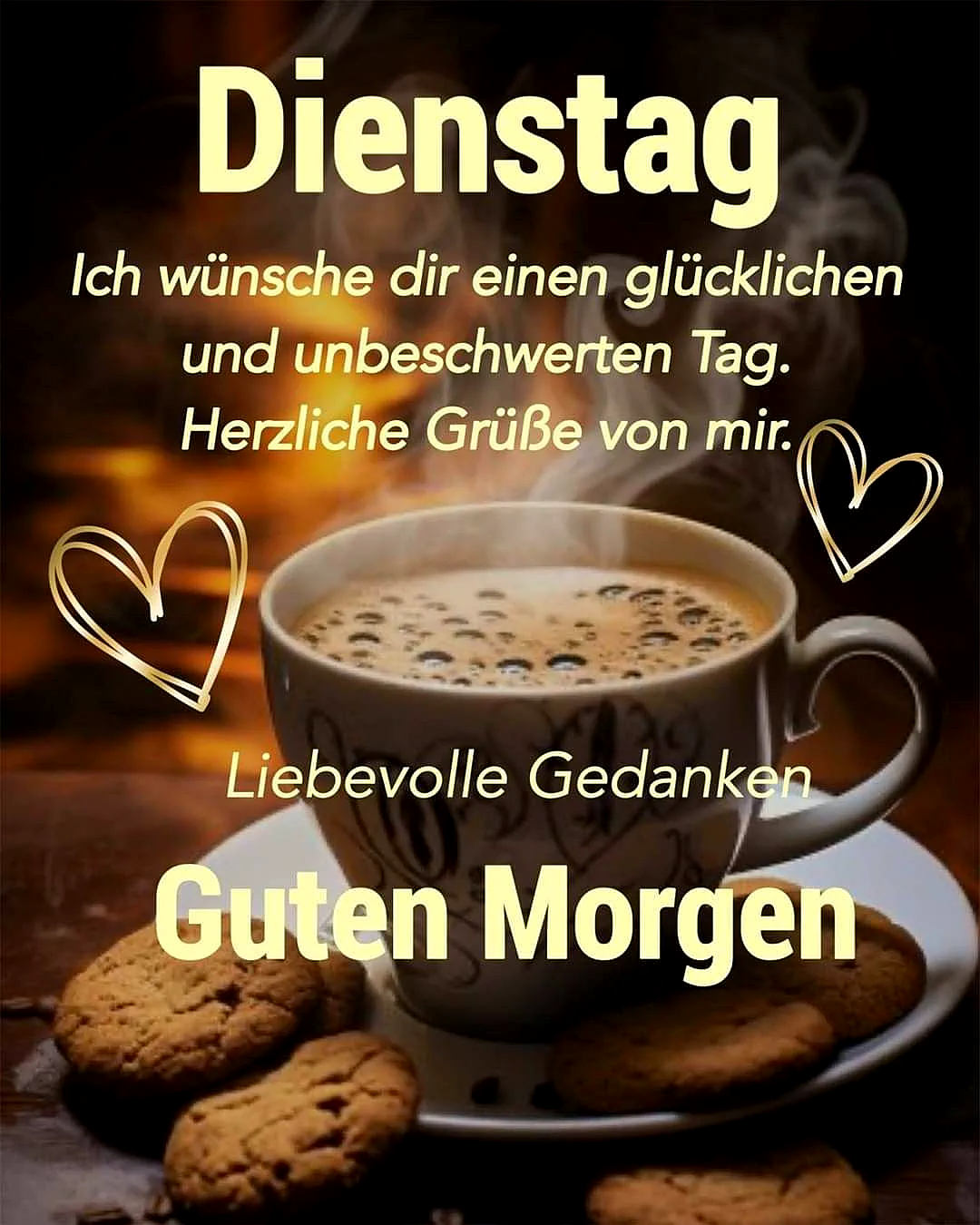 Eine dampfende Tasse Kaffee in einer Tasse auf Untertasse, umgeben von Schokokeksen. Warme, ruhige Morgenstimmung mit goldenen Herzen und Text für einen produktiven Dienstag.