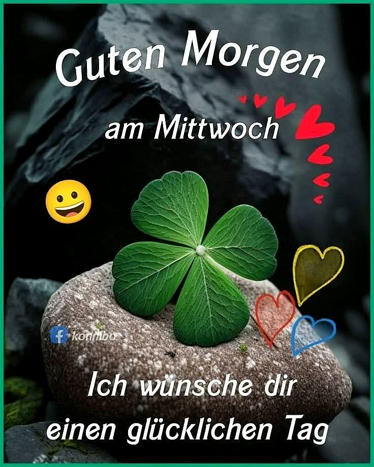 Ein vierblättriges Kleeblatt liegt auf einem grauen Stein, umgeben von farbigen Herzen und einem lachenden Emoji. Der Hintergrund ist dunkel und zeigt weitere Steine.