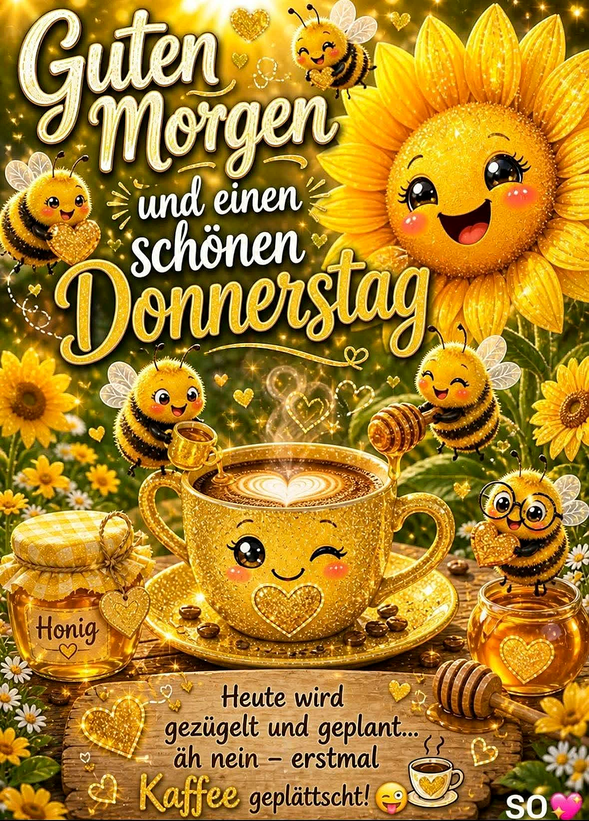 Ein funkelndes Morgenbild mit goldenem Kaffee in einer Tasse, umgeben von lachenden Bienen und strahlenden Sonnenblumen, symbolisiert die süße Vorfreude auf den nahenden Feierabend und das Wochenende.
