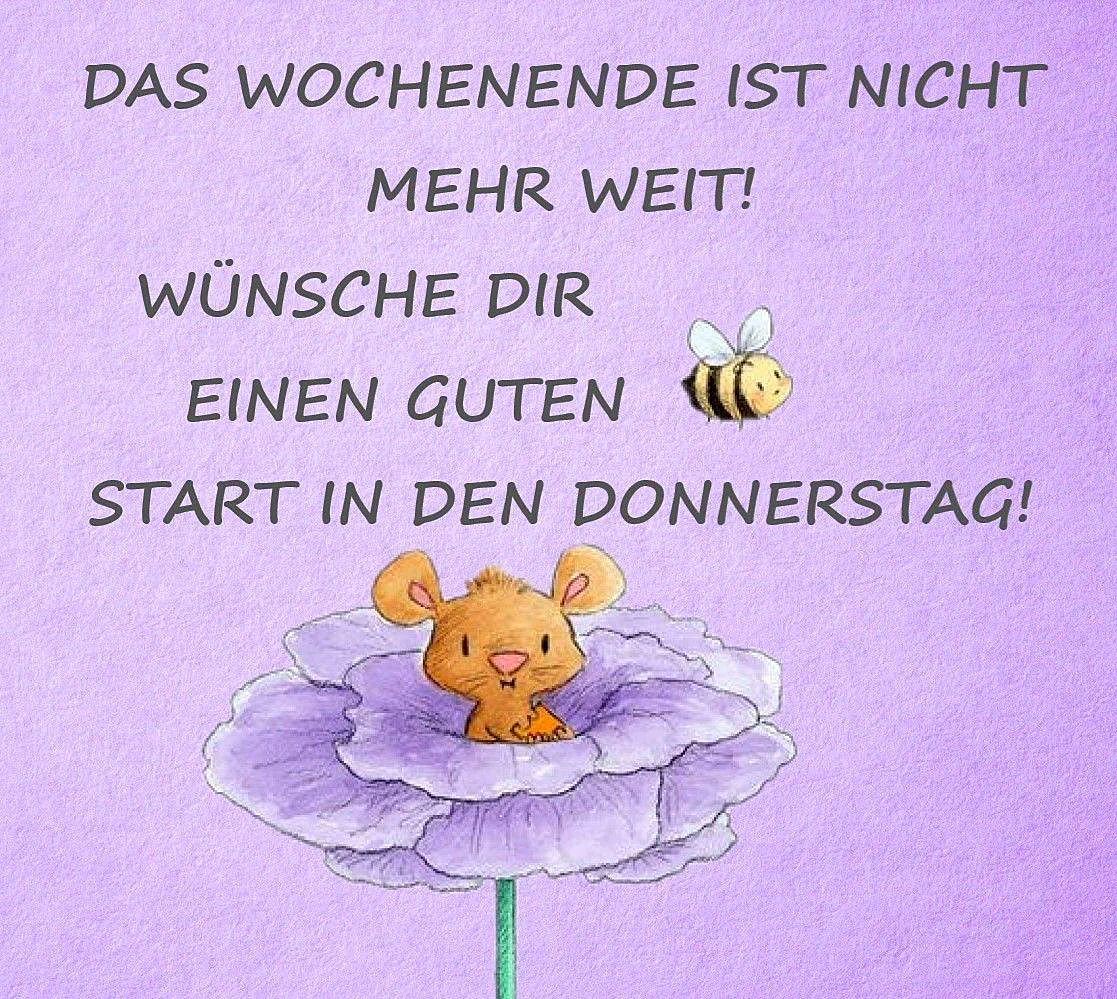 Ein niedliches, gelbes Mäuschen sitzt in einer großen, violetten Blume. Ein kleines, gelbes Bieneninsekt fliegt daneben. Der Hintergrund ist hellviolett.