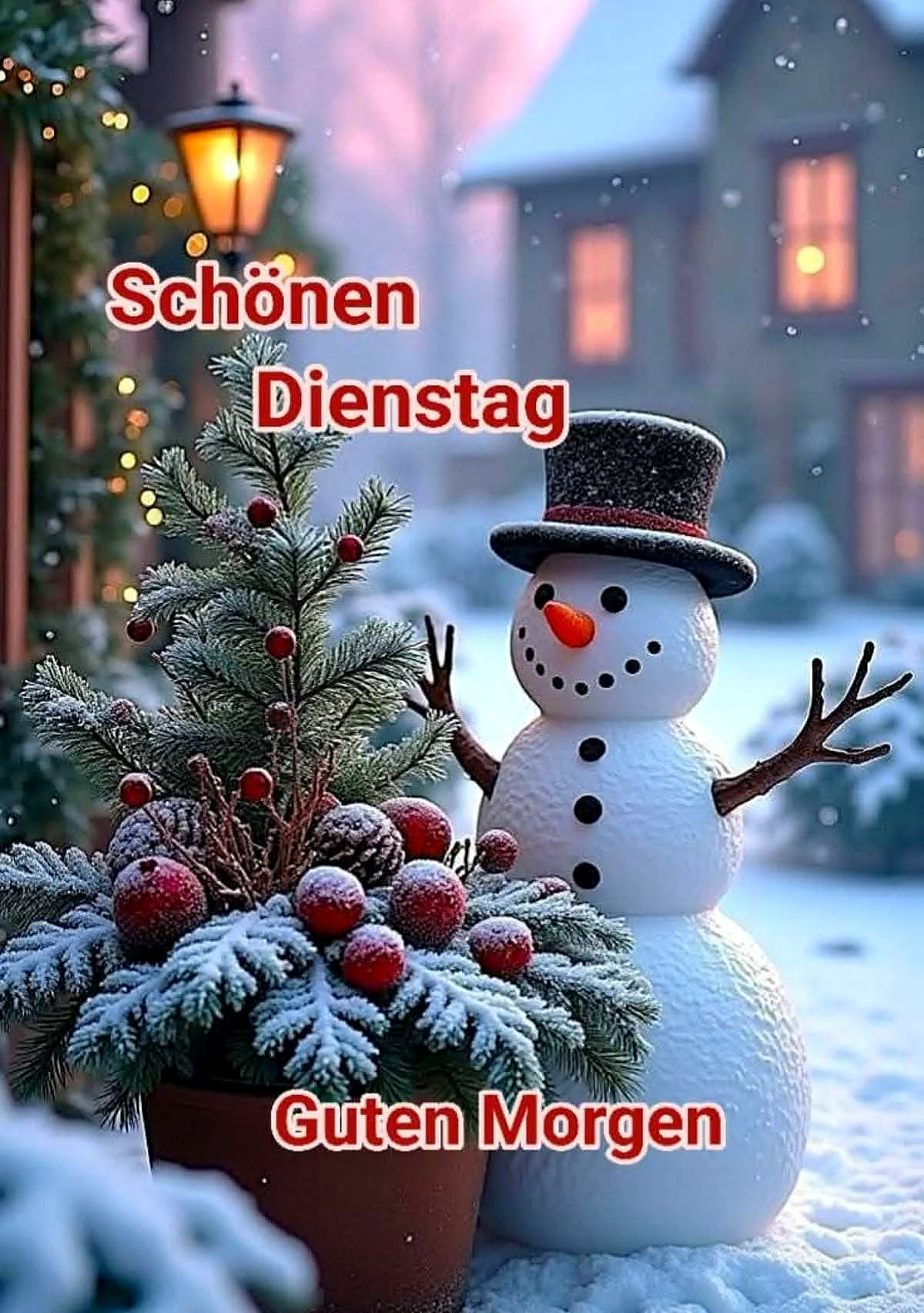 Ein fröhlicher Schneemann mit Zylinder und einer Karottennase winkt neben einem verschneiten Tannenbäumchen mit roten Beeren. Eine leuchtende Straßenlaterne erhellt die winterliche Morgenlandschaft vor einem warm beleuchteten Haus. Das Bild trägt die Aufschrift "Schönen Dienstag Guten Morgen".