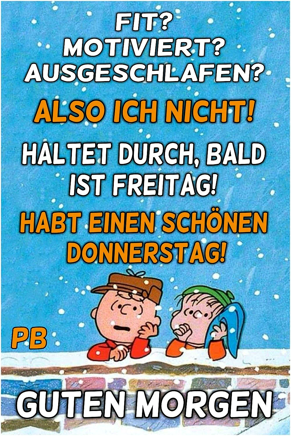 Ein Cartoon-Bild von zwei frechen Jungen, die aus einem Fenster schauen, während es schneit. Der Himmel ist blau, die Jungen tragen Winterkleidung und sehen müde aus.