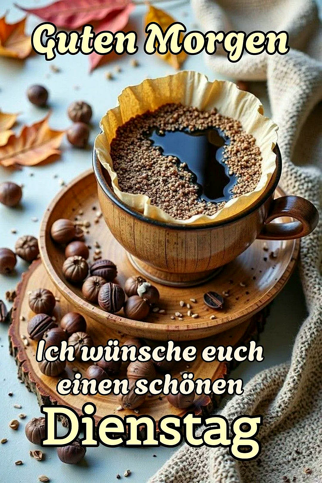 Rustikale Holztasse mit frisch gebrühtem Filterkaffee, umrahmt von herbstlichen Blättern und kleinen Nüssen. Kaffeebohnen auf Holzuntertasse und Strickdecke. Gemütliche, warme Morgenstimmung für einen fokussierten Dienstag.