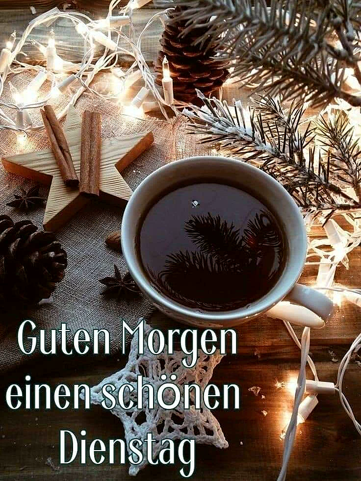 Eine weiße Kaffeetasse mit dunklem Getränk und Reflektion von Tannenzweigen. Umgeben von warm leuchtenden Lichterketten, Tannenzapfen, Zimtstangen, Anissternen und einem gehäkelten Stern auf rustikalem Hintergrund. Der Gruß "Guten Morgen einen schönen Dienstag" ist eingeblendet.