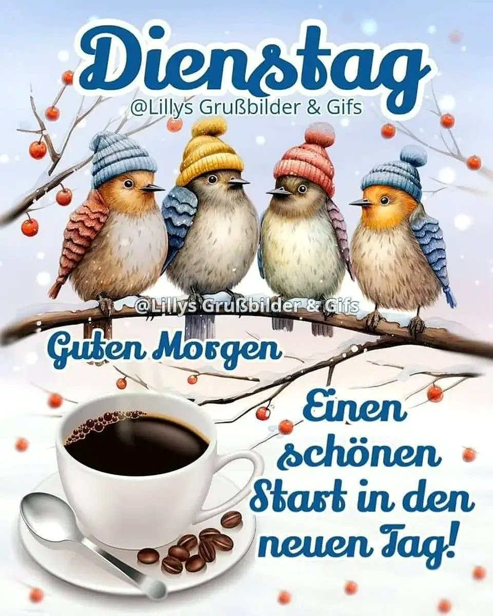 Vier süße Vögel mit Strickmützen sitzen auf einem schneebedeckten Ast mit roten Beeren. Eine Tasse Kaffee mit Löffel und Bohnen steht bereit. Ein fröhlicher Morgengruß für einen fokussierten Dienstag.