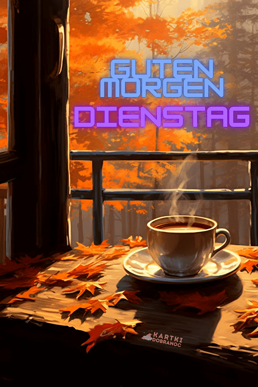 Eine dampfende Kaffeetasse auf einer Fensterbank, bedeckt mit orangefarbenen Herbstblättern. Der goldene Morgenblick auf einen herbstlichen Wald vermittelt Ruhe und Fokus für den Dienstag.