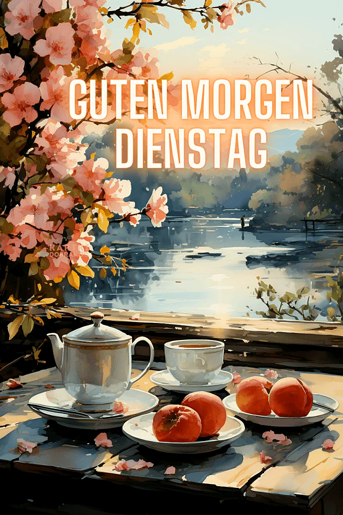 Aquarellgemälde eines frühlingshaften Frühstückstisches am See mit Teekanne, Tasse, Pfirsichen. Rosafarbene Kirschblütenzweige säumen den Blick auf ein ruhiges Gewässer unter hellem Morgenhimmel. Ein Bild für einen entspannten Dienstag.