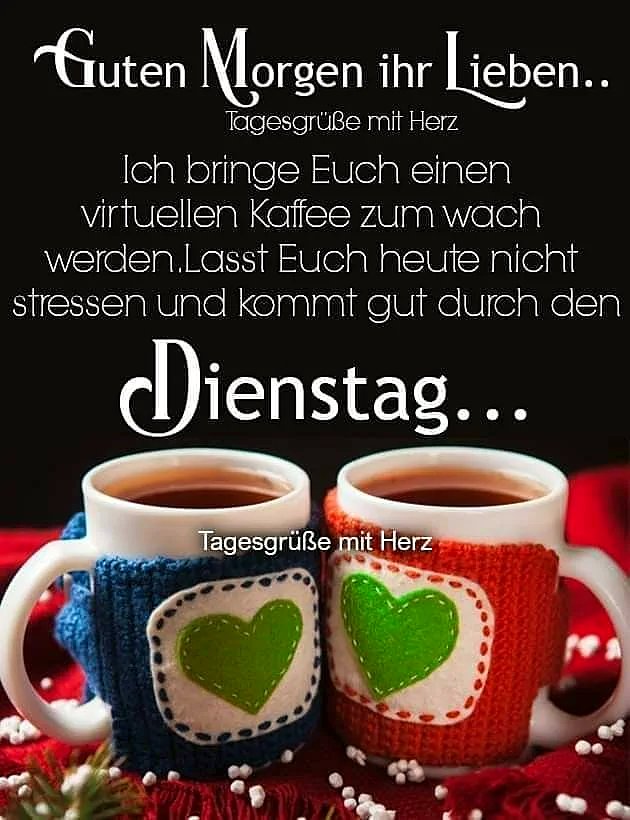 Zwei Tassen Kaffee in farbigen Handschuhen mit Herzmotiv, auf rotem Hintergrund mit Schnee, Tagesgrüße mit Herz