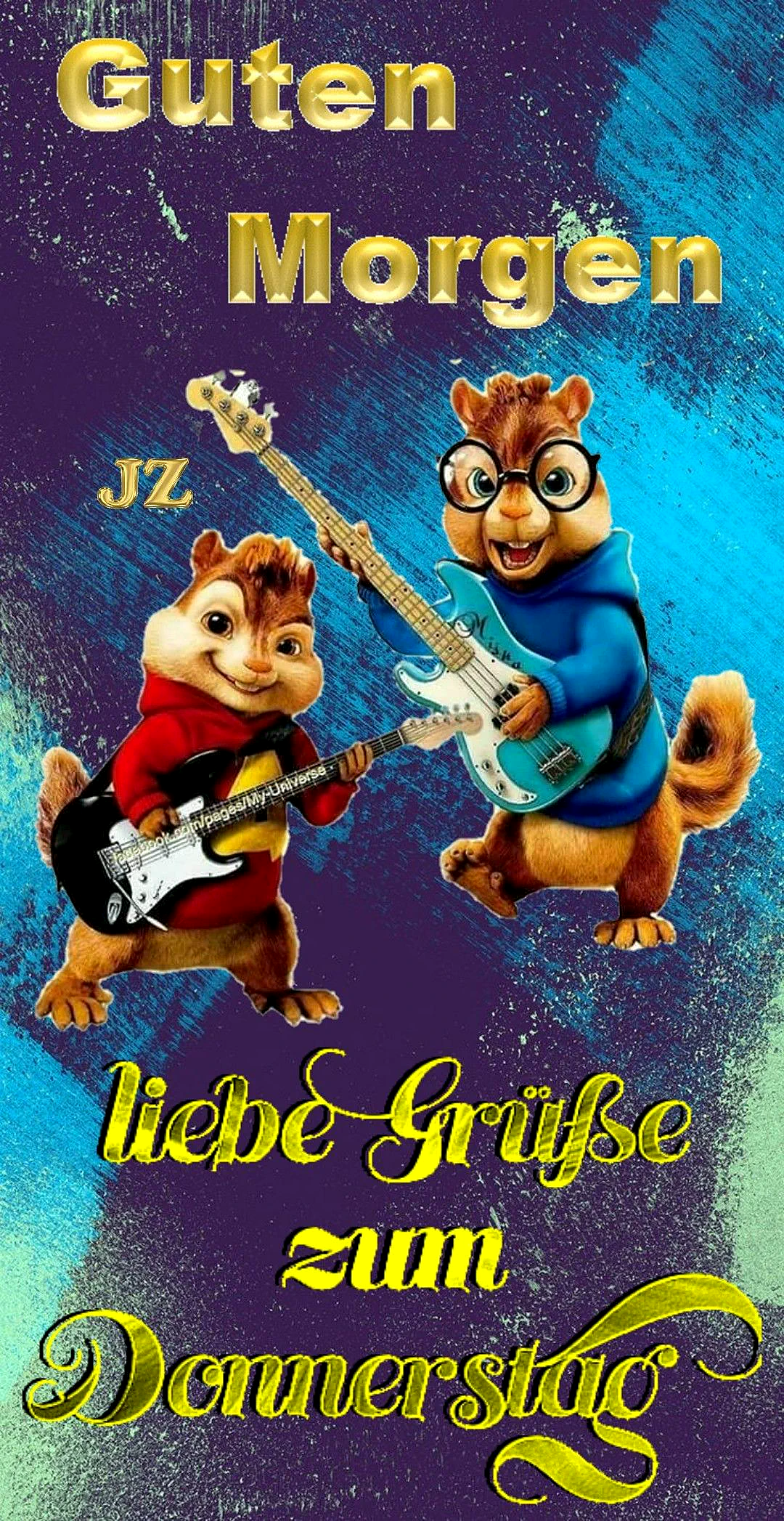 Zwei fröhliche animierte Chipmunks spielen E-Gitarren auf einem lebhaften, gesprenkelten Hintergrund in Blau und Lila. Ein Chipmunk trägt einen roten Hoodie, der andere einen blauen Hoodie mit Brille. Goldener Text wünscht "Guten Morgen liebe Grüße zum Donnerstag".