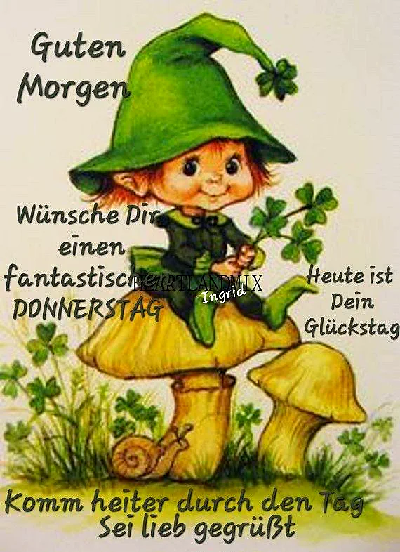Niedlicher Kobold mit grünem Hut sitzt auf gelbem Pilz, hält ein Kleeblatt. Umgeben von weiteren Kleeblättern, Gras und einer Schnecke. Vermittelt fröhliche Glückstagsstimmung für den Donnerstag.