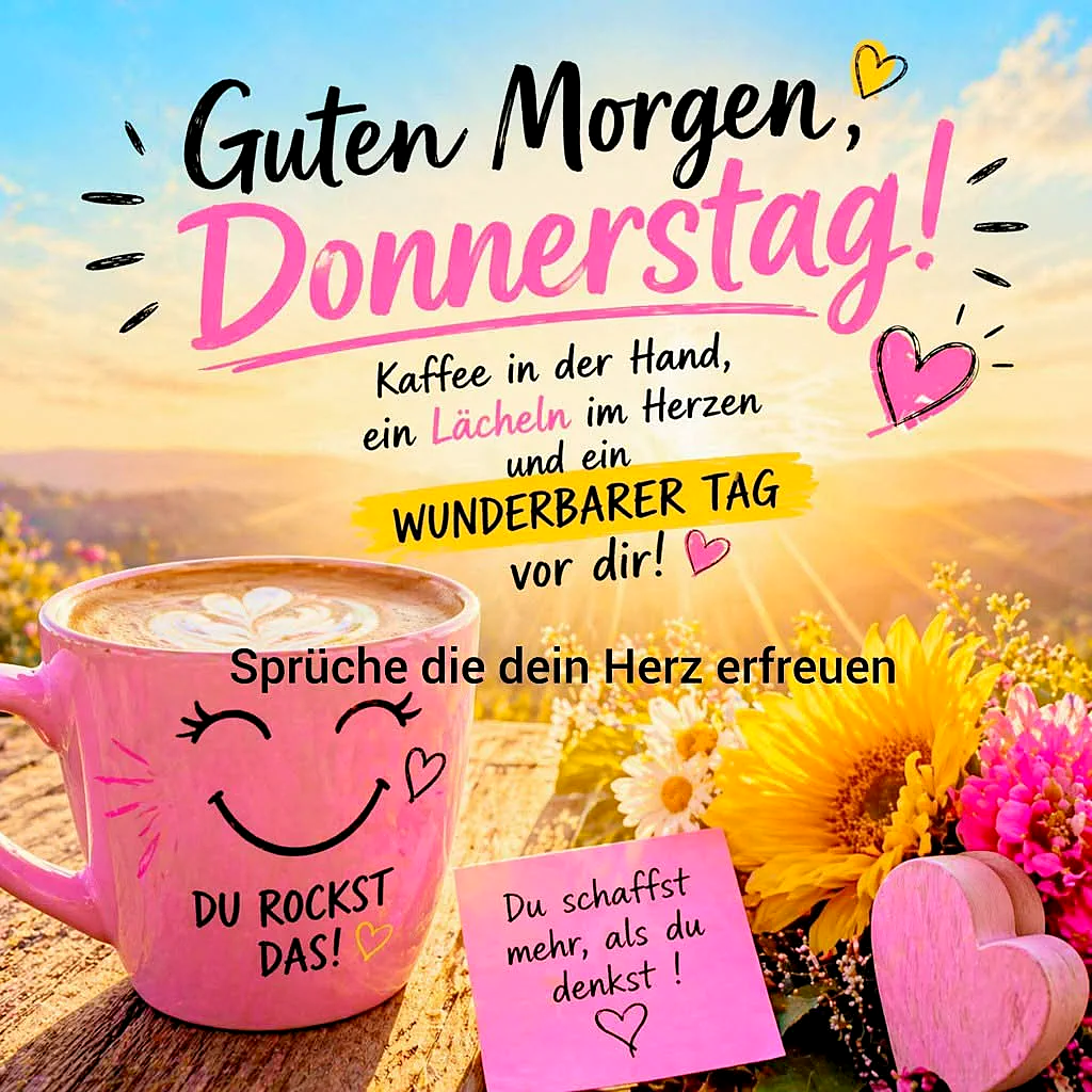 Ein sonniger Morgen mit einer Tasse Kaffee, Blumen und einem Lächeln. Ein gelber Tag mit rosa Tönen und einer Frühlingslandschaft.