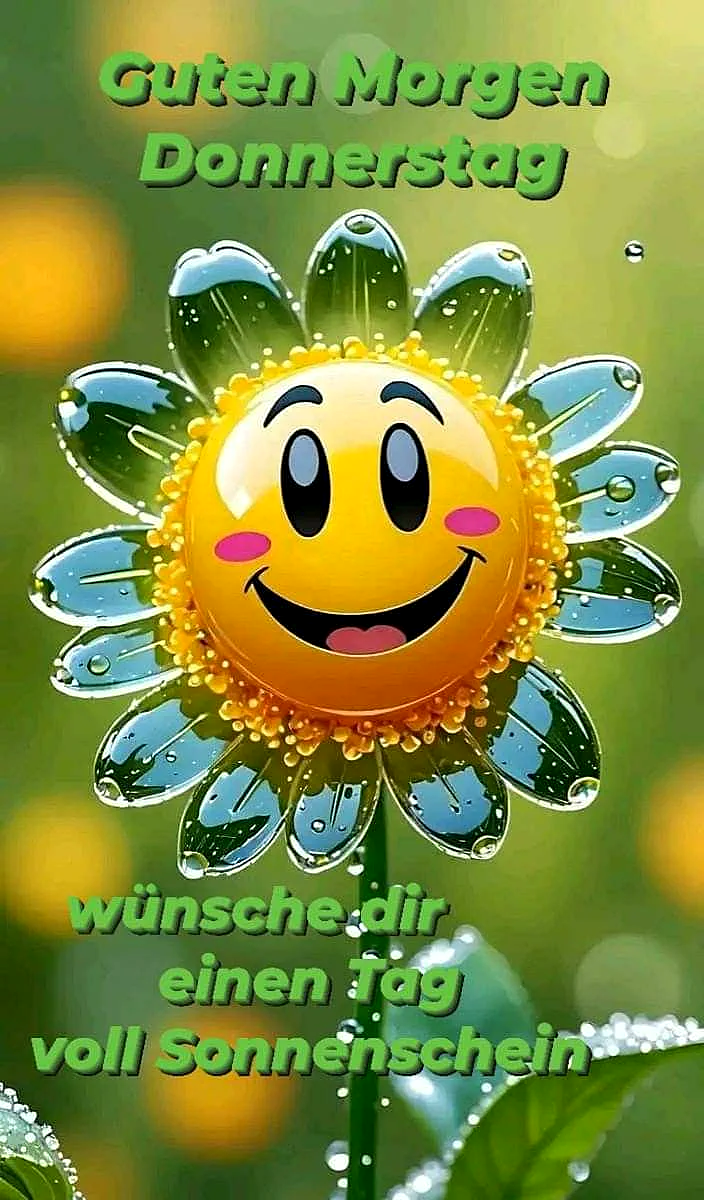 Ein lächelndes gelbes Smiley-Gesicht in der Mitte einer blauen Blume mit Wassertropfen, grünem Hintergrund und gelben Flecken