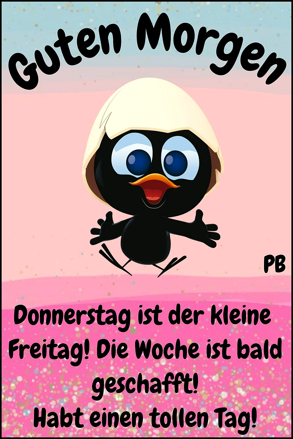 Ein cartoonähnlicher schwarzer Vogel mit großen blauen Augen und einem gelben Schnabel, der auf einem pinken Hintergrund mit goldenen Punkten springt. Der Vogel hat eine blonde Frisur und einen freundlichen Gesichtsausdruck.