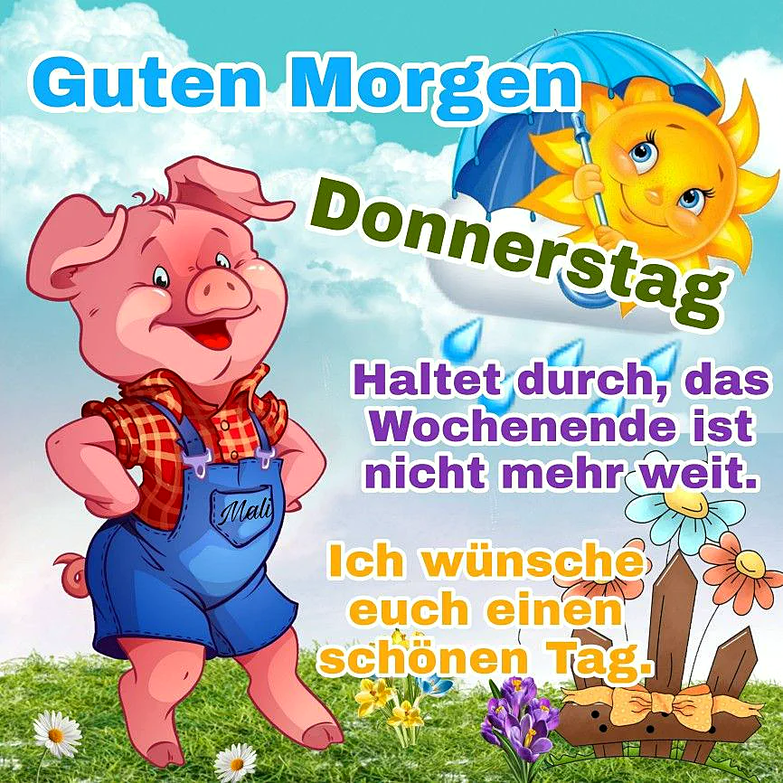 Ein Cartoon-Schwein mit Hut und Overalls steht auf einer Wiese mit Blumen, neben einem Sonnenschein, der einen Regenschirm hält. Der Himmel ist blau mit Wolken.