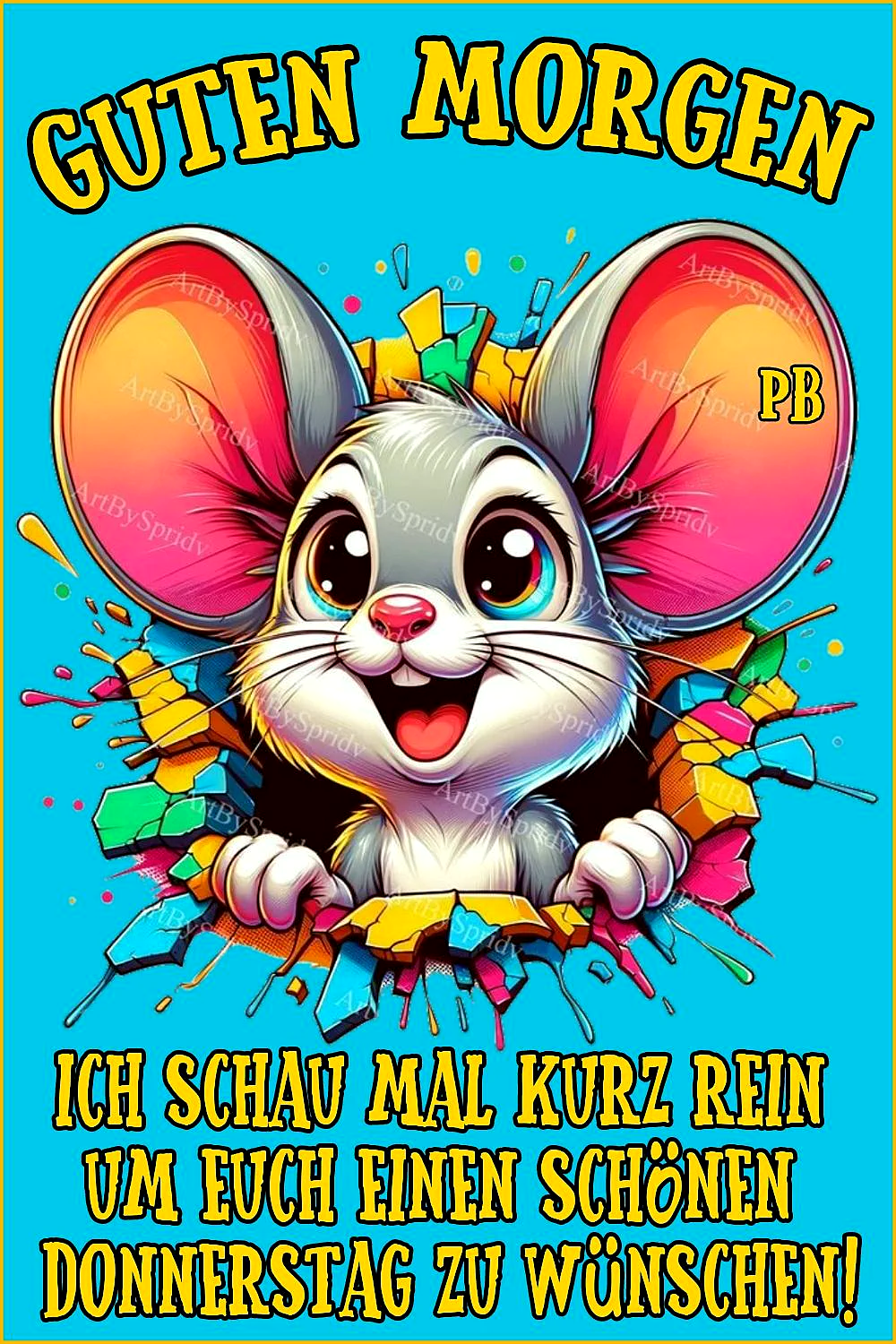 Ein cartoonähnliches graues Mäuschen mit großen, farbenfrohen Ohren und einem freundlichen Gesichtsausdruck, das aus einem Loch in einer blauen Wand mit farbenfrohen Stein- und Putzresten heraus schaut.